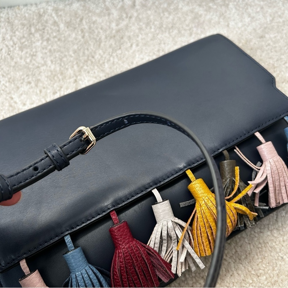 REBECCA MINKOFF Sofia Dark Blue Suede Tassel Convertible Clutch Crossbody Bag - Picture 10 of 10